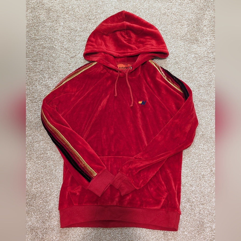 RARE Aviator Nation red velour pullover hoodie